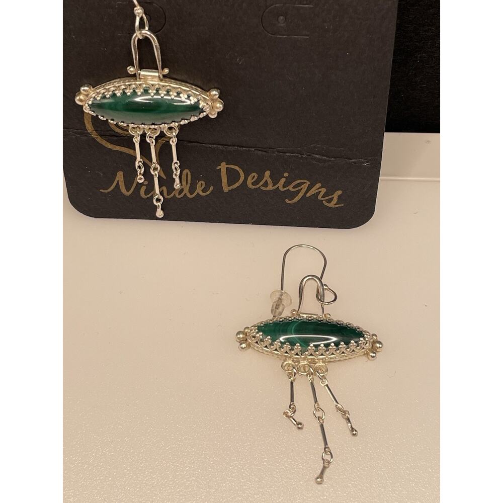 Malachite Stone and Silver Earrings. Ninde Designs. Hand Made.‎ New with Tags. - Picture 2 of 3